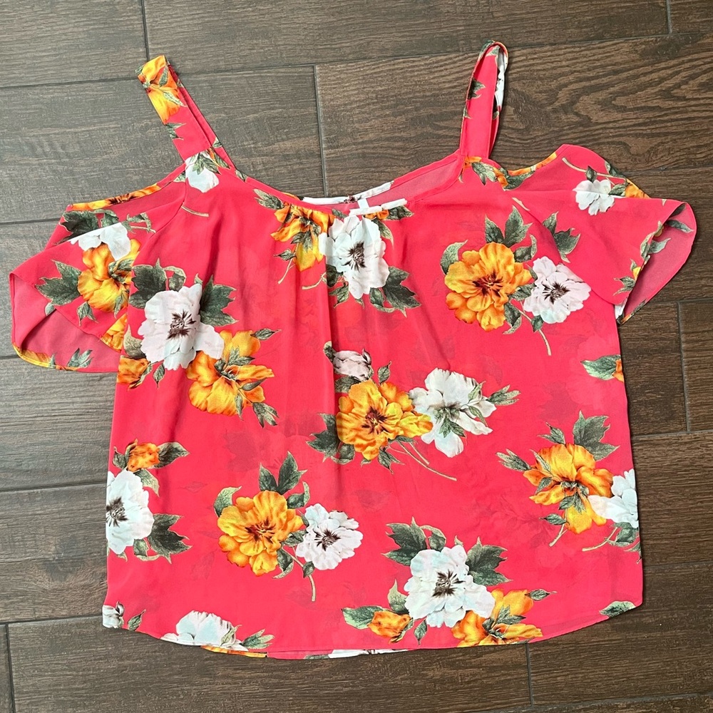 Pink floral cold shoulder blouse